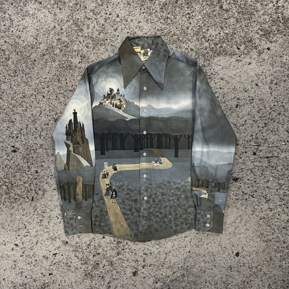 Vintage 70s Kennington Disney Shirt Medium Disco Novelty Polyester Castle Print